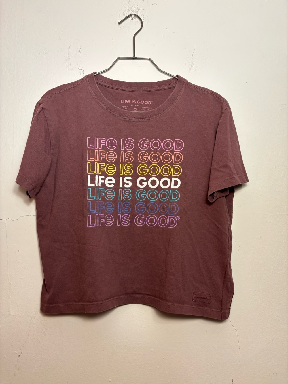 Life Is Good Mauve Crop Tee with Multicolor Repeat Logo